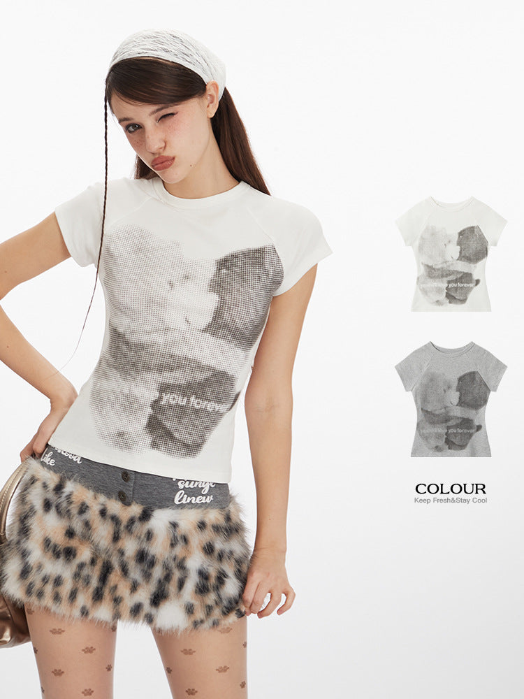 Miroden T-Shirt Bear Print Slim Fit Short-Sleeve Round Neck Sexy Top