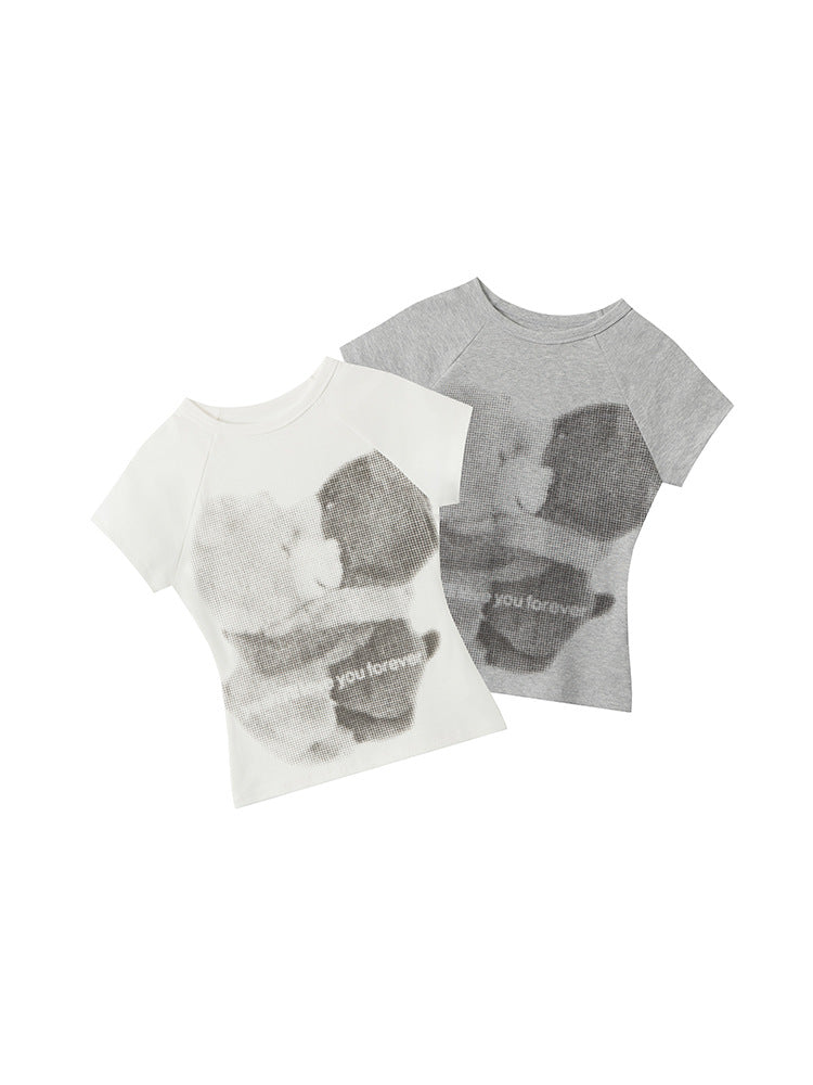 Miroden T-Shirt Bear Print Slim Fit Short-Sleeve Round Neck Sexy Top