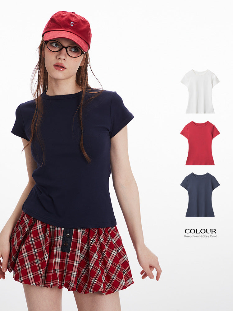 Miroden T-Shirt Pure Color Slim Fit Short-Sleeve Round Neck Summer Top