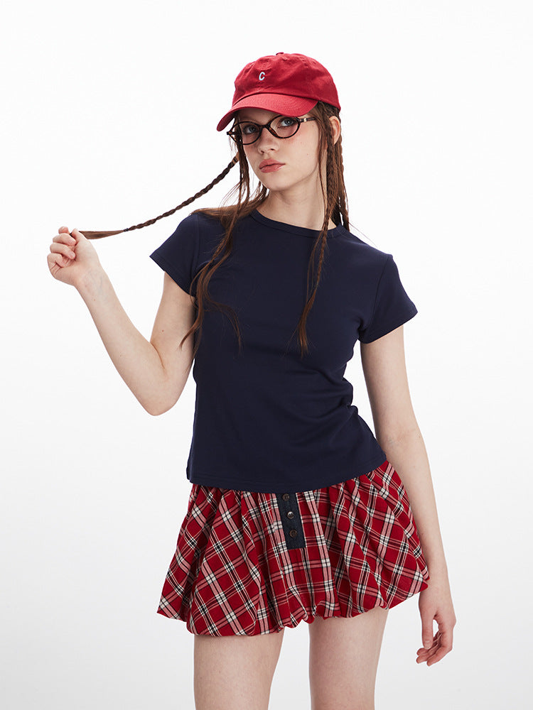 Miroden T-Shirt Pure Color Slim Fit Short-Sleeve Round Neck Summer Top