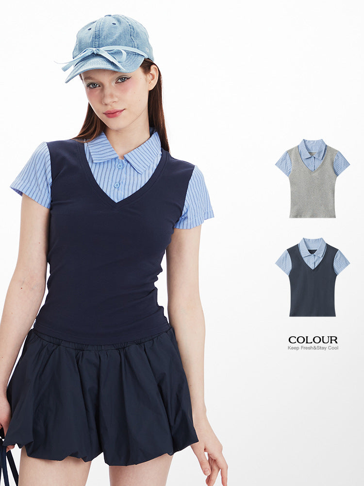 Miroden Top Vertical Stripe Stitching Fake Two-Piece Short-Sleeve Academy Style