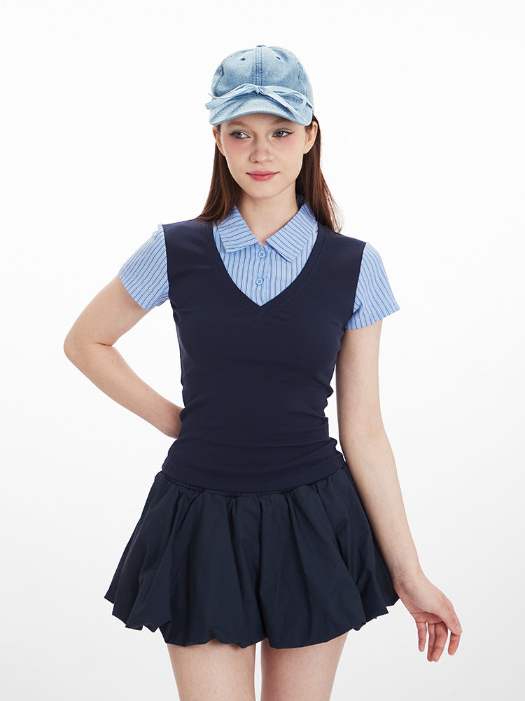 Miroden Top Vertical Stripe Stitching Fake Two-Piece Short-Sleeve Academy Style