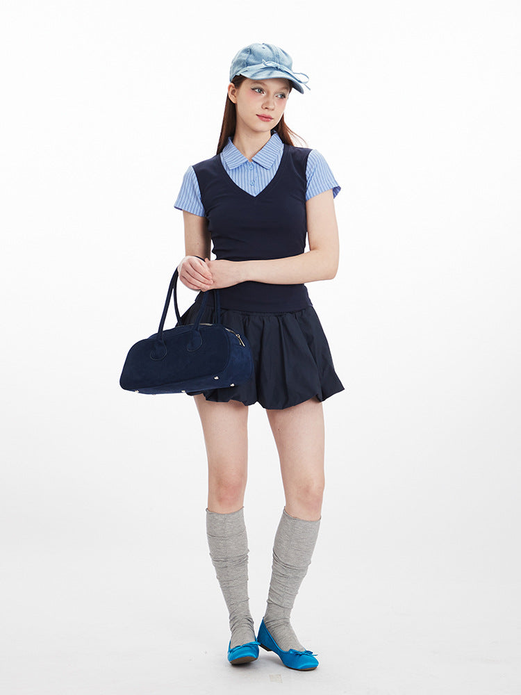 Miroden Top Vertical Stripe Stitching Fake Two-Piece Short-Sleeve Academy Style