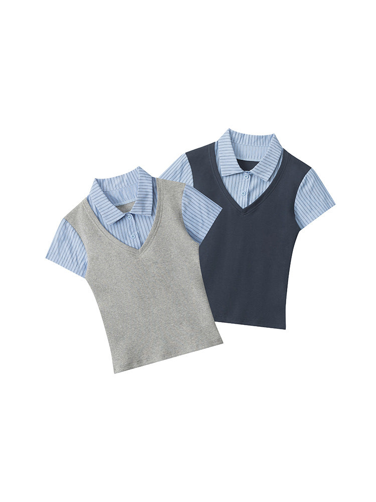 Miroden Top Vertical Stripe Stitching Fake Two-Piece Short-Sleeve Academy Style