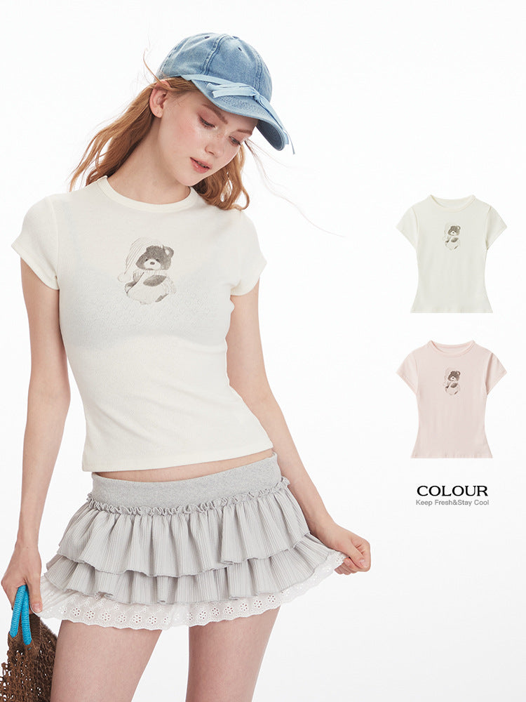 Miroden T-Shirt Bear Print Slim-Fit Short-Sleeve Reinforced Design Top