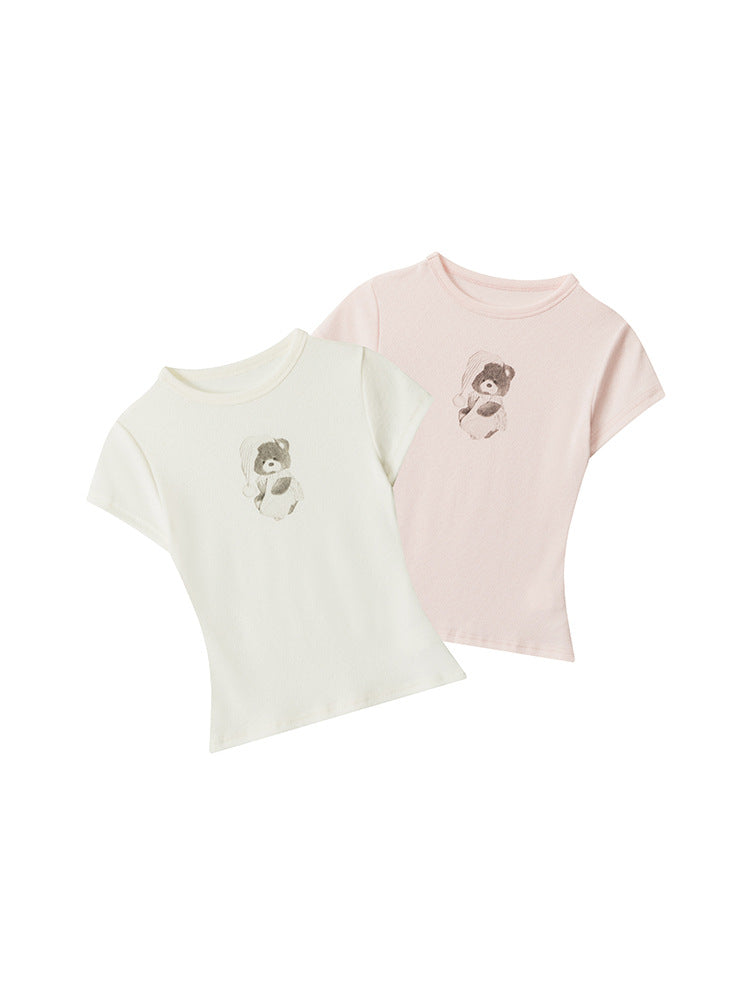 Miroden T-Shirt Bear Print Slim-Fit Short-Sleeve Reinforced Design Top