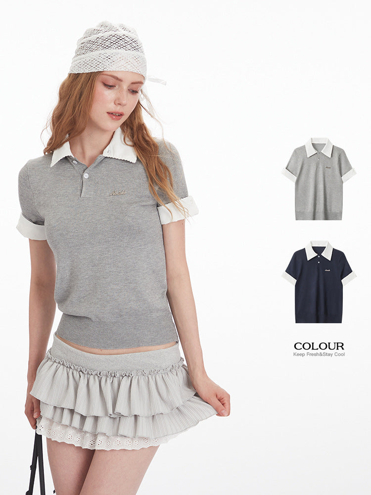 Miroden Polo Shirt Knitted Contrast Color Stitching Short-Sleeve Casual Top