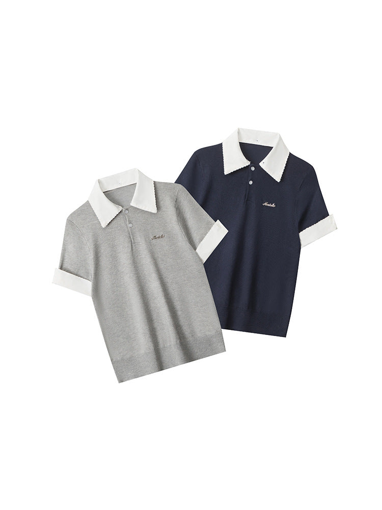 Miroden Polo Shirt Knitted Contrast Color Stitching Short-Sleeve Casual Top