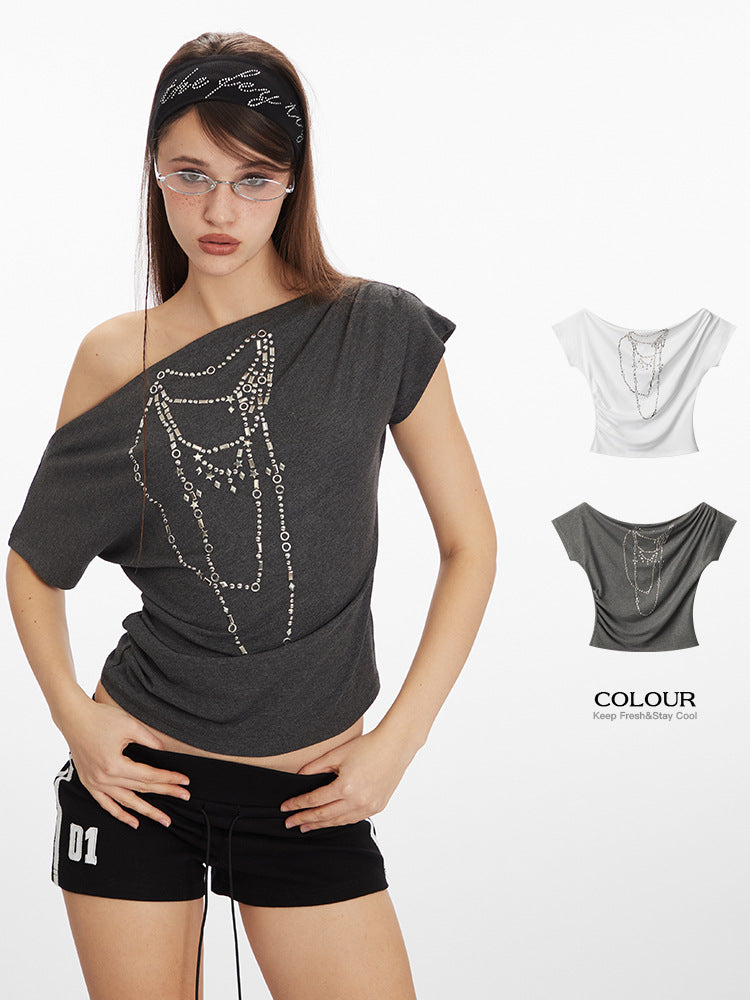 Miroden T-Shirt One-Shoulder Off-Shoulder Slope Neck Short-Sleeve Sexy Top