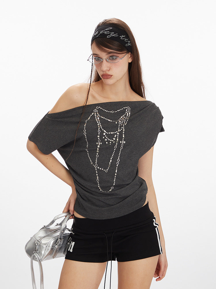Miroden T-Shirt One-Shoulder Off-Shoulder Slope Neck Short-Sleeve Sexy Top