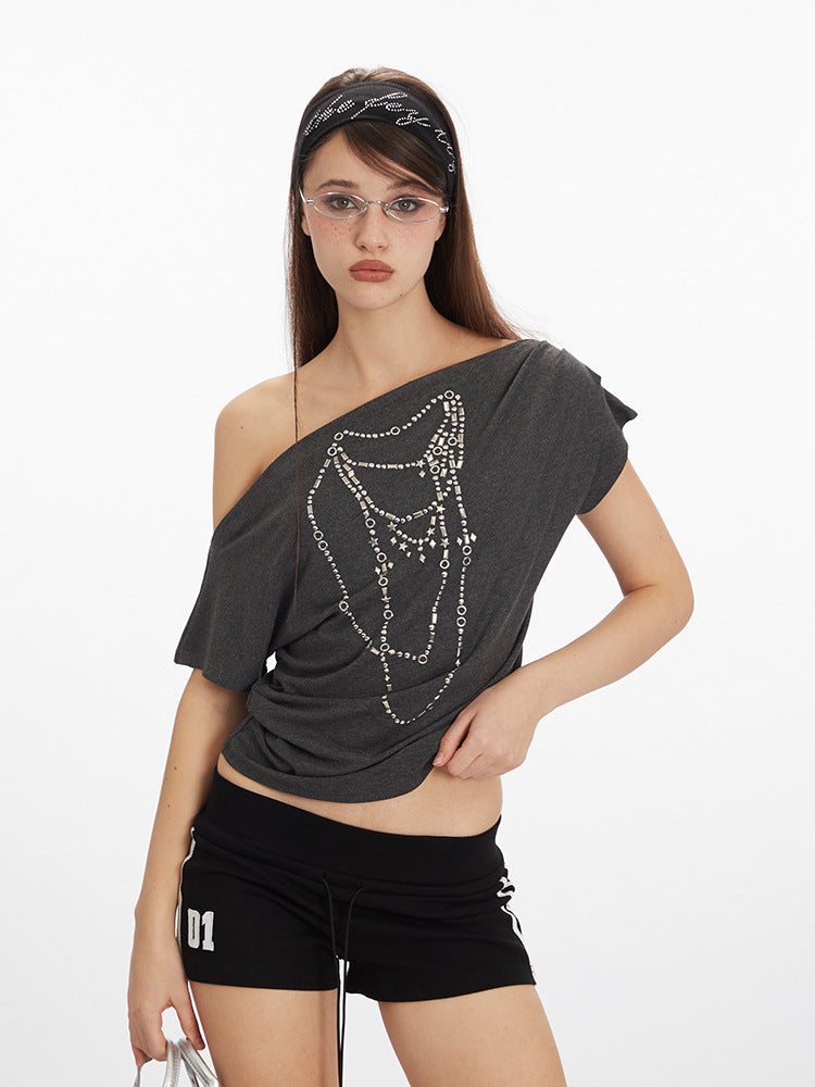 Miroden T-Shirt One-Shoulder Off-Shoulder Slope Neck Short-Sleeve Sexy Top