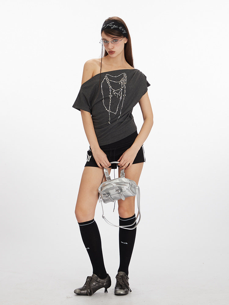 Miroden T-Shirt One-Shoulder Off-Shoulder Slope Neck Short-Sleeve Sexy Top