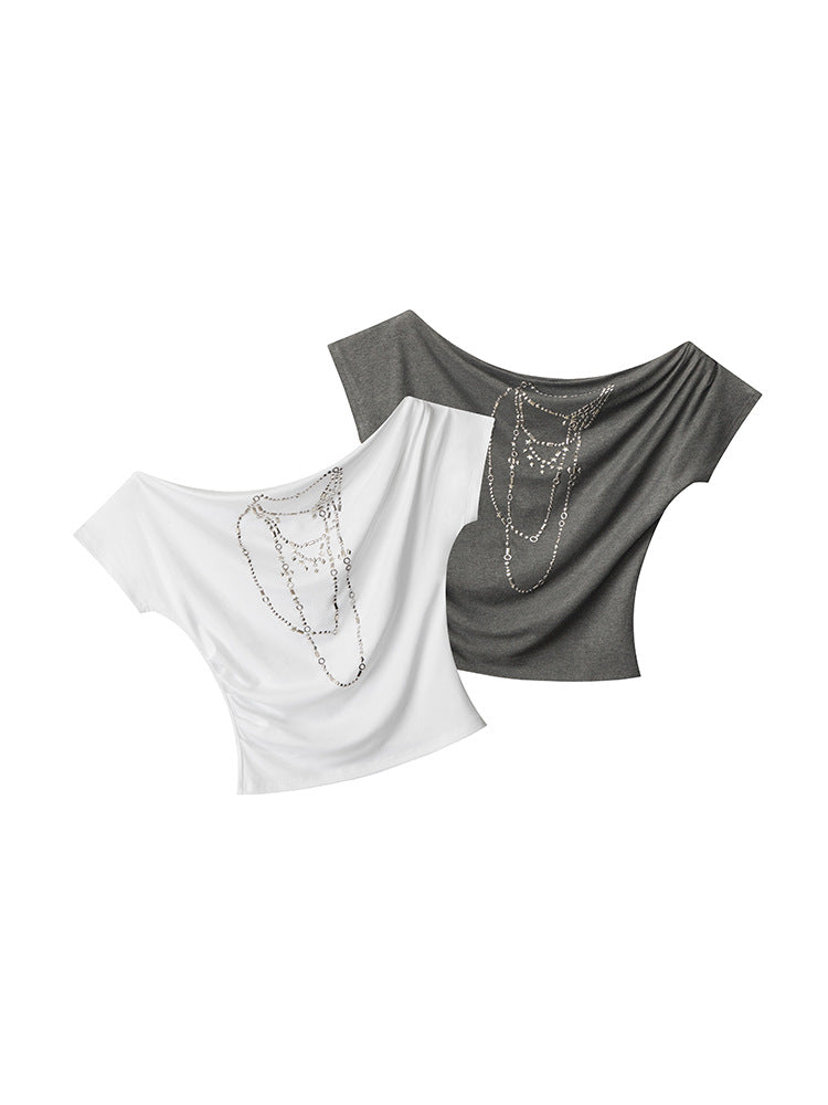 Miroden T-Shirt One-Shoulder Off-Shoulder Slope Neck Short-Sleeve Sexy Top