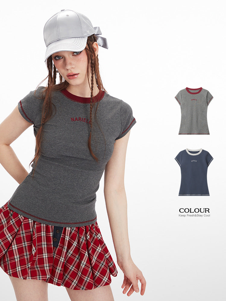 Miroden T-Shirt Letter Embroidered Round Neck Short-Sleeve Casual Top