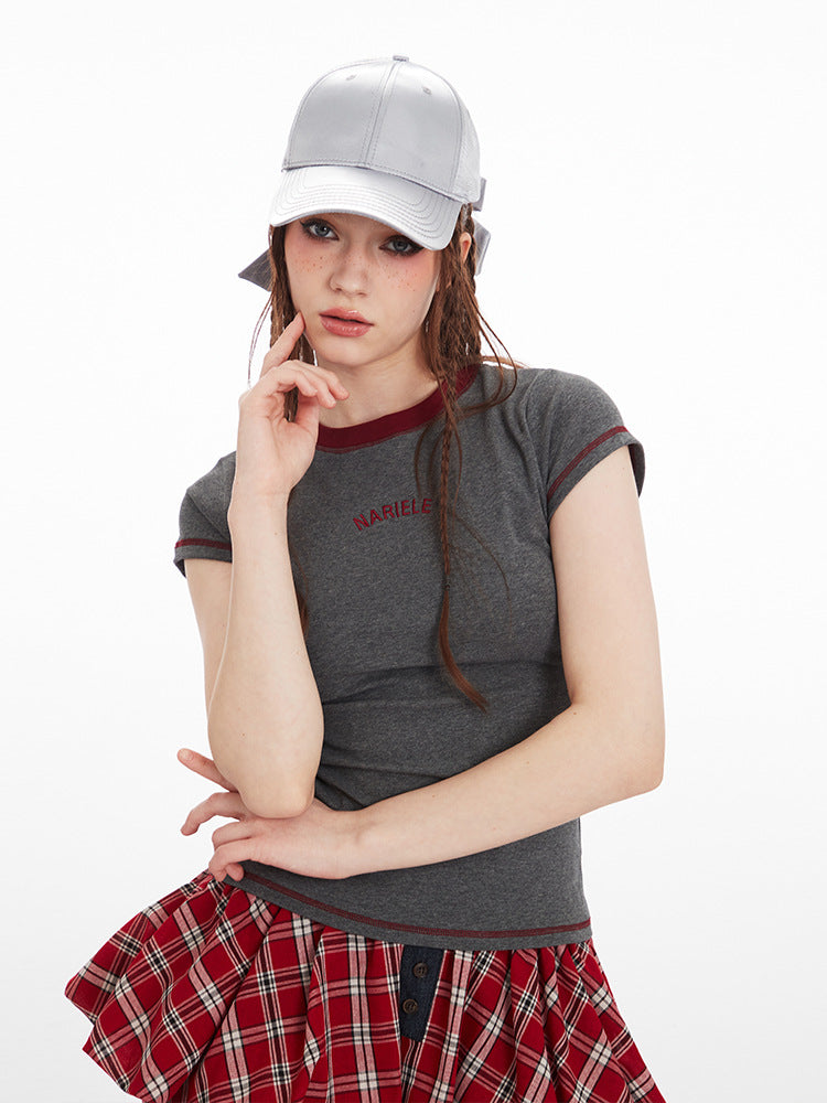 Miroden T-Shirt Letter Embroidered Round Neck Short-Sleeve Casual Top