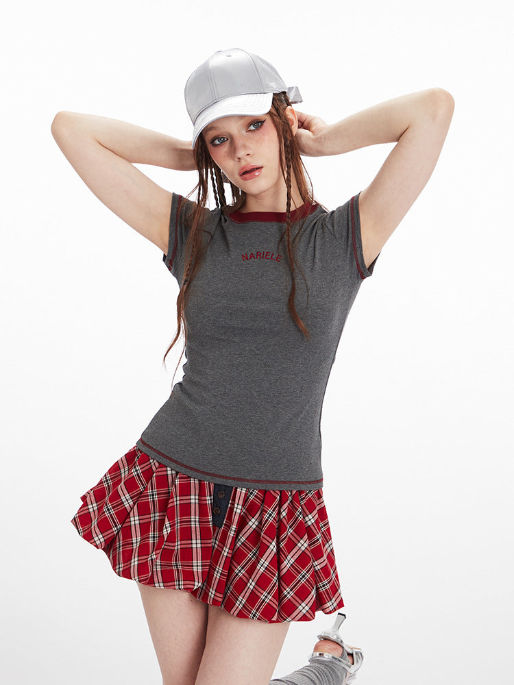 Miroden T-Shirt Letter Embroidered Round Neck Short-Sleeve Casual Top