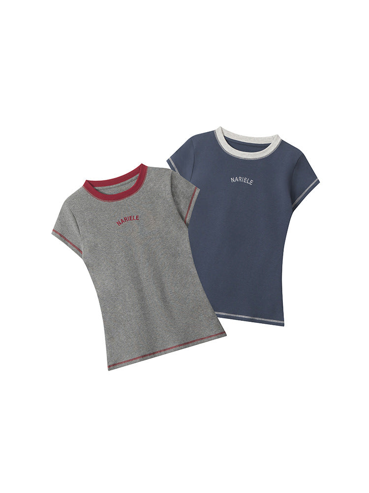Miroden T-Shirt Letter Embroidered Round Neck Short-Sleeve Casual Top