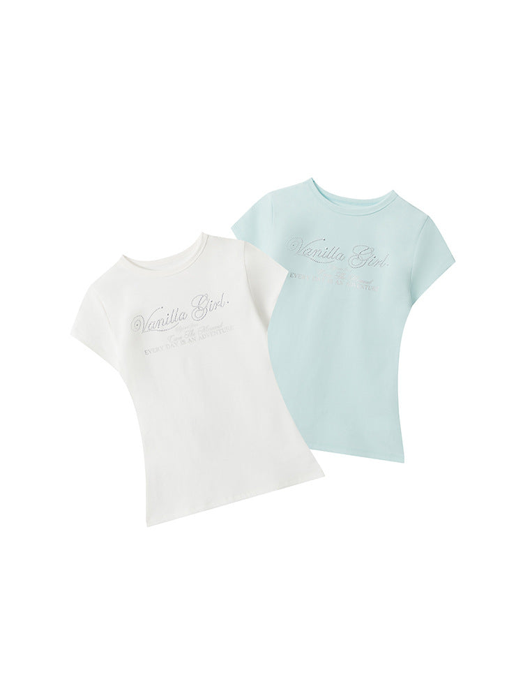 Miroden T-Shirt Letter Silver Print Slim-Fit Short-Sleeve All-Match Top