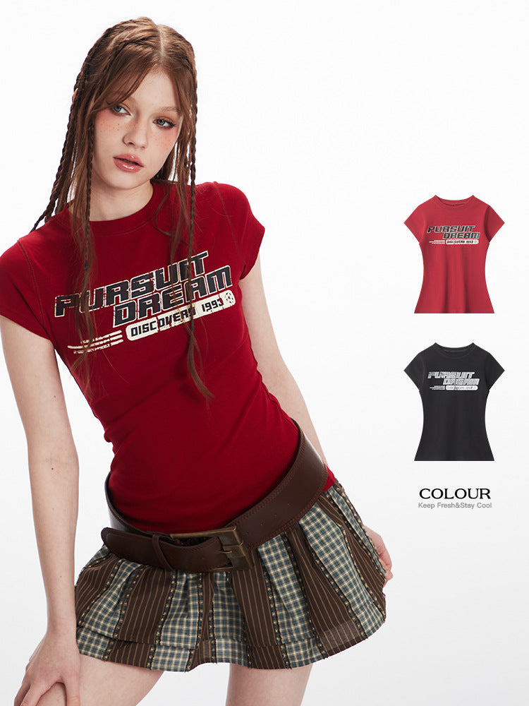 Miroden T-Shirt Letter Print Round Neck Slim-Fit Short-Sleeve Casual Top