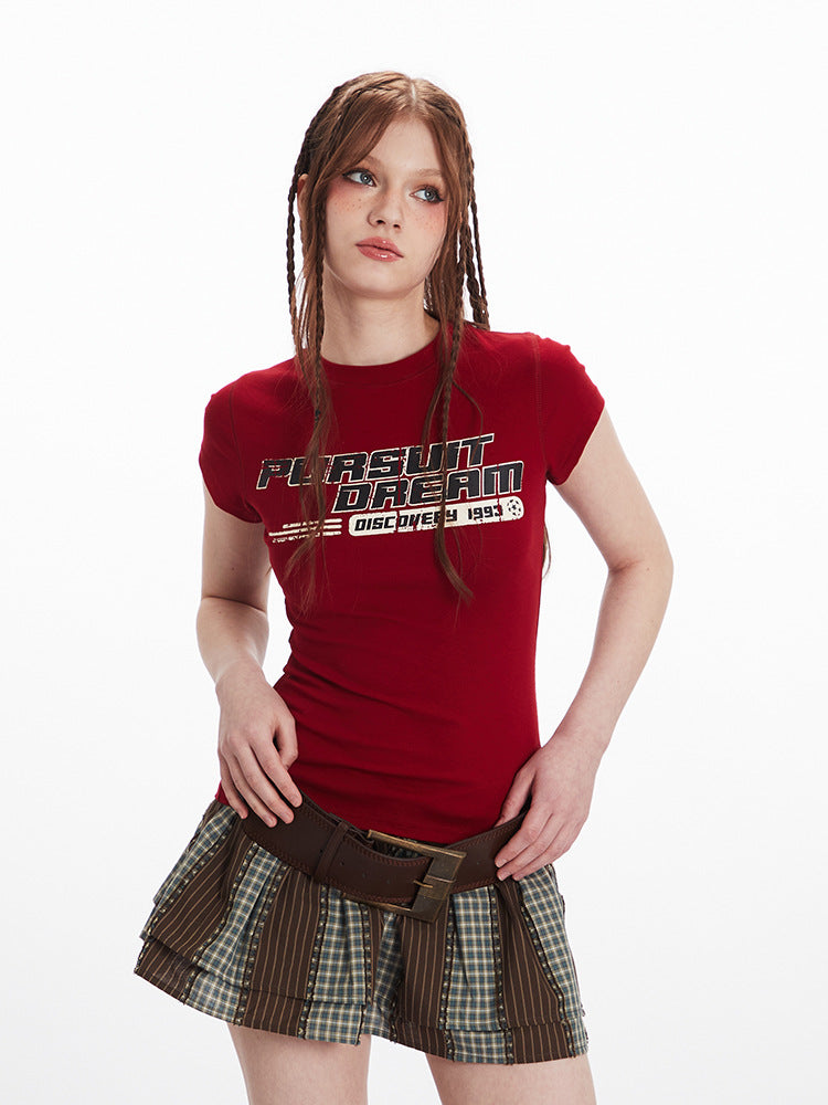 Miroden T-Shirt Letter Print Round Neck Slim-Fit Short-Sleeve Casual Top
