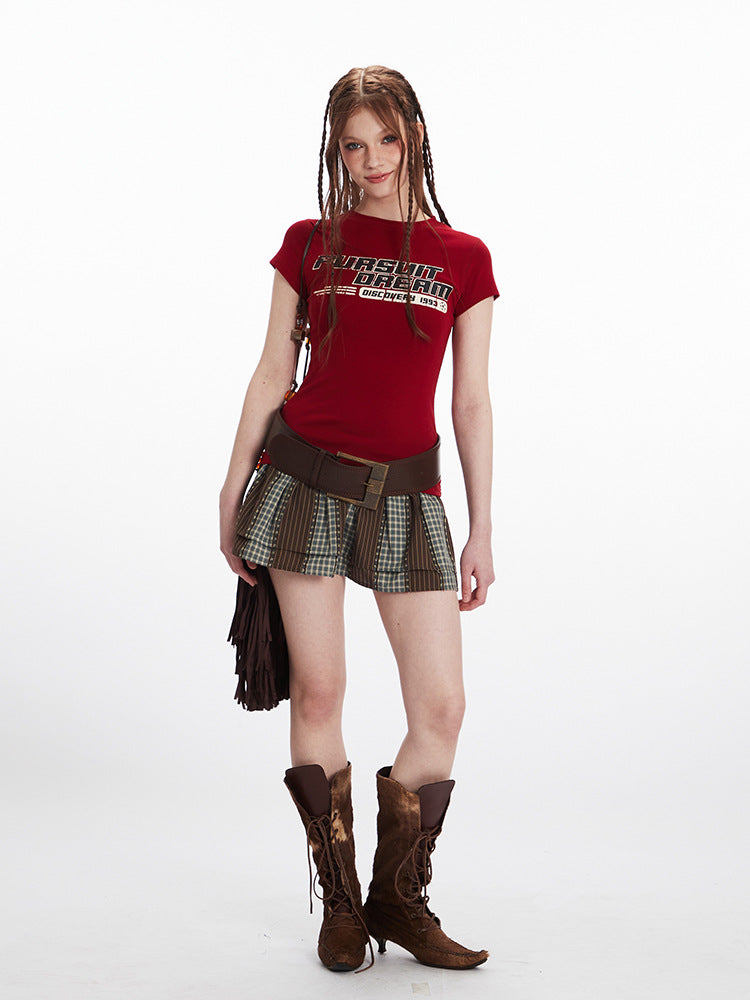 Miroden T-Shirt Letter Print Round Neck Slim-Fit Short-Sleeve Casual Top