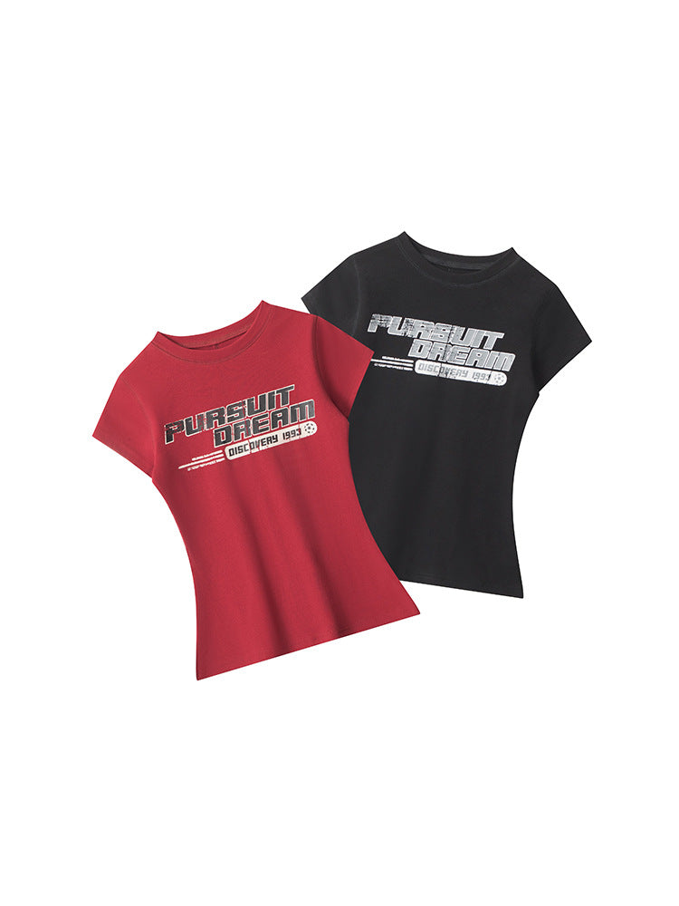 Miroden T-Shirt Letter Print Round Neck Slim-Fit Short-Sleeve Casual Top