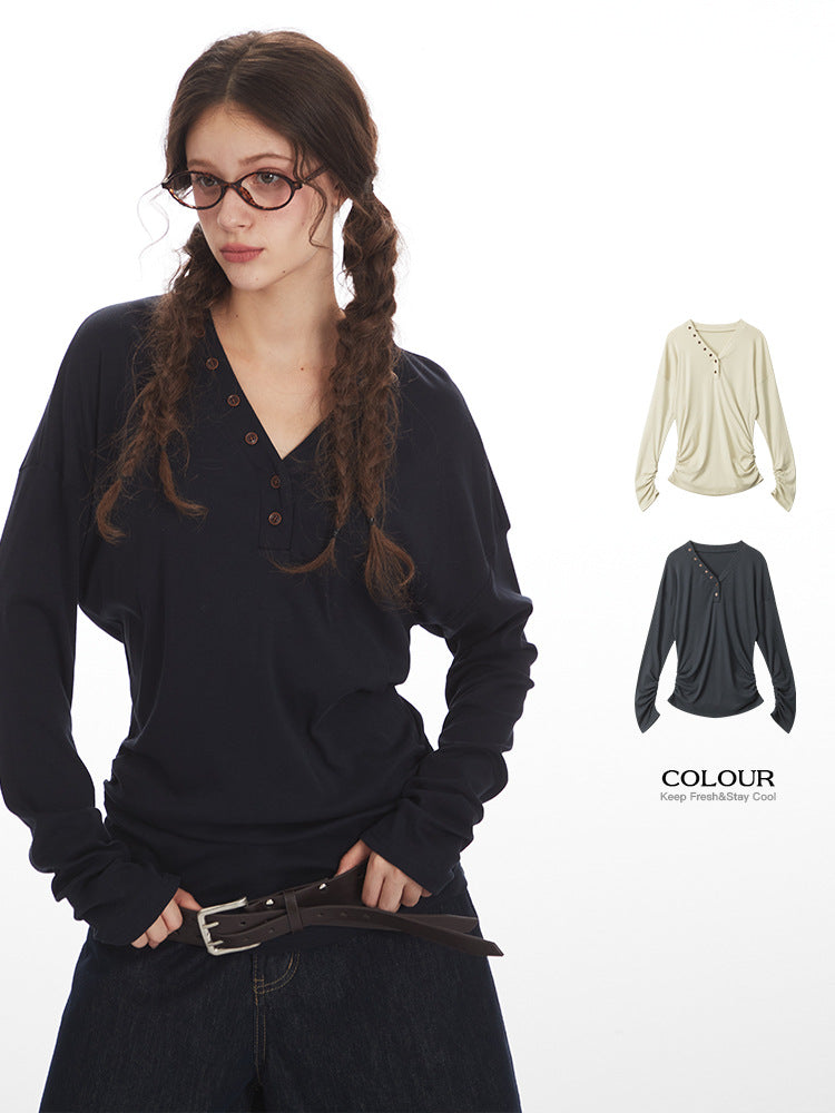 Miroden T-Shirt V-Neck Waist-Cinching Slim-Fit Long-Sleeve Base Layer Top