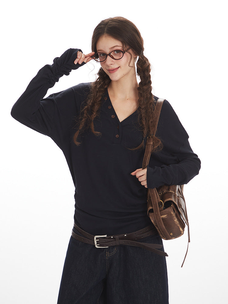 Miroden T-Shirt V-Neck Waist-Cinching Slim-Fit Long-Sleeve Base Layer Top