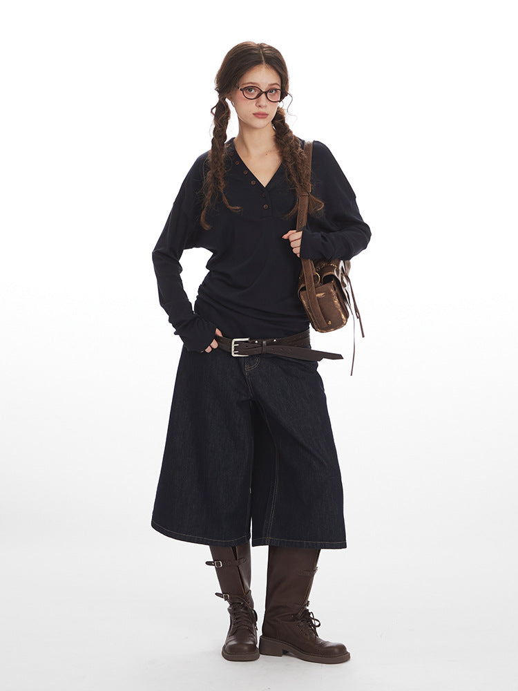 Miroden T-Shirt V-Neck Waist-Cinching Slim-Fit Long-Sleeve Base Layer Top