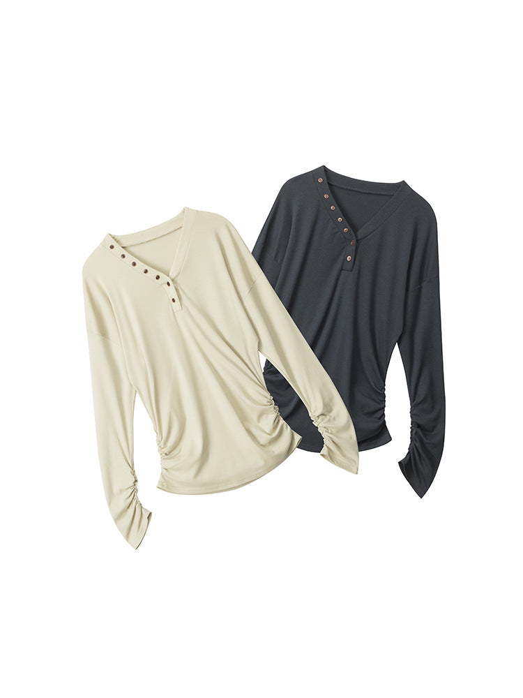 Miroden T-Shirt V-Neck Waist-Cinching Slim-Fit Long-Sleeve Base Layer Top