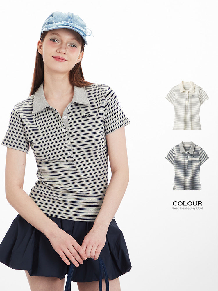 Miroden T-Shirt Polo Collar Striped Contrast Color Short-Sleeve Casual Top