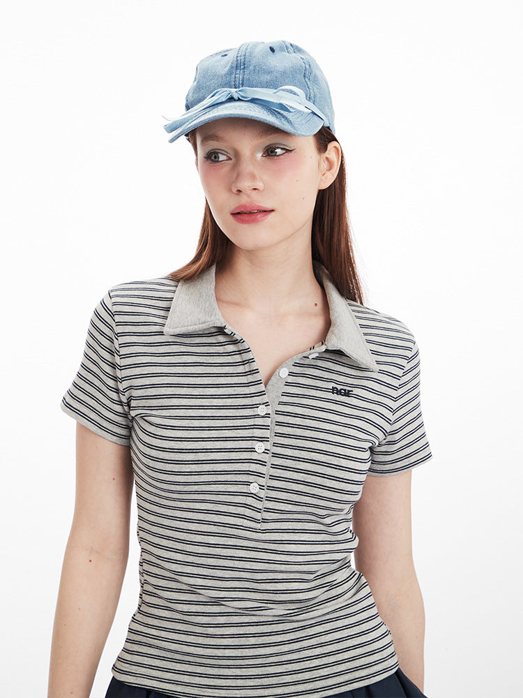 Miroden T-Shirt Polo Collar Striped Contrast Color Short-Sleeve Casual Top