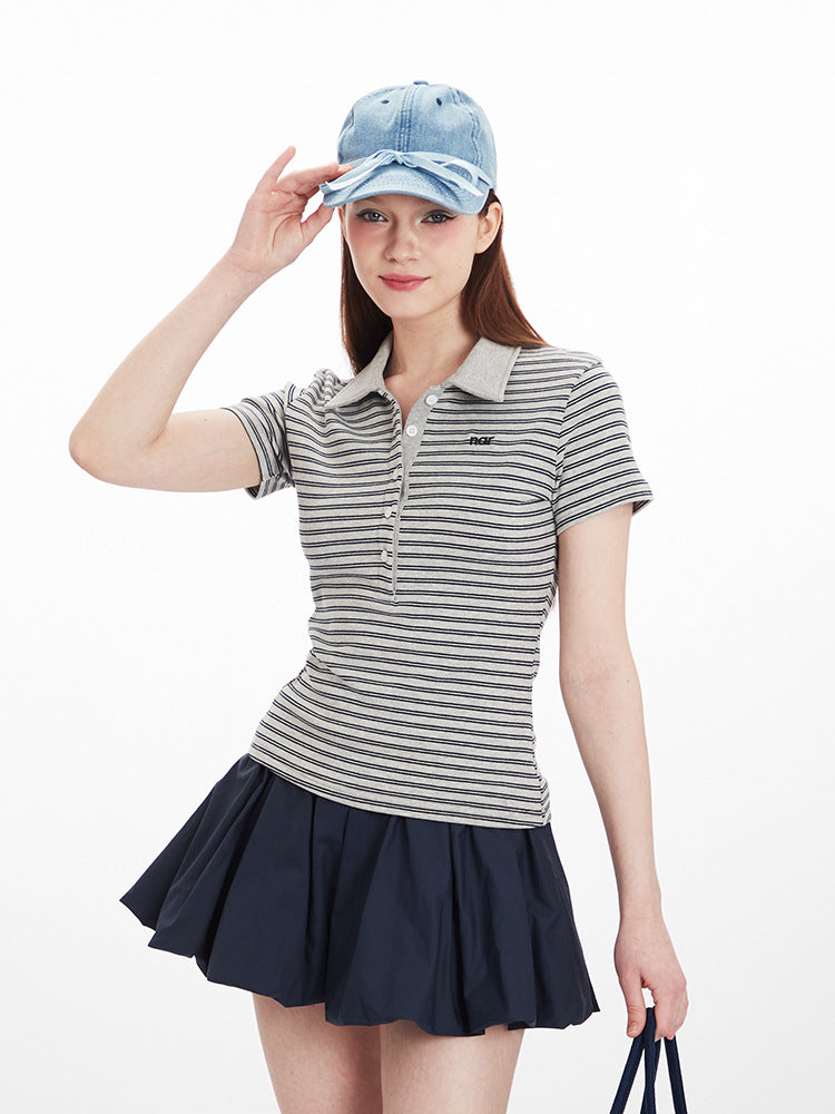 Miroden T-Shirt Polo Collar Striped Contrast Color Short-Sleeve Casual Top