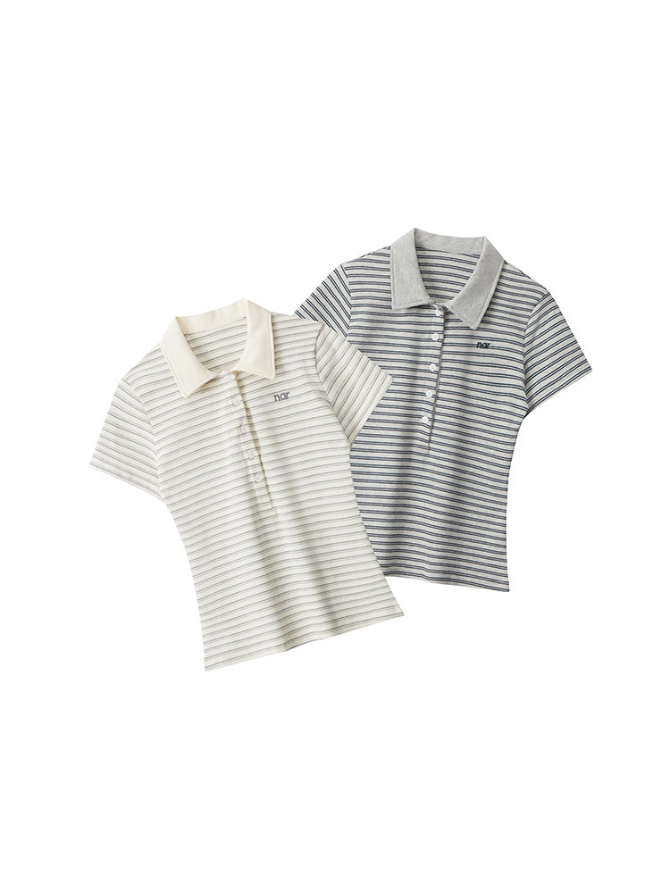 Miroden T-Shirt Polo Collar Striped Contrast Color Short-Sleeve Casual Top