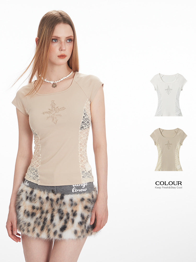 Miroden T-Shirt Lace Splicing Printed Slim Short-Sleeve Sexy Top