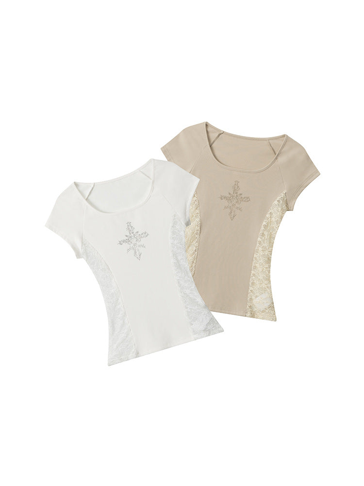 Miroden T-Shirt Lace Splicing Printed Slim Short-Sleeve Sexy Top