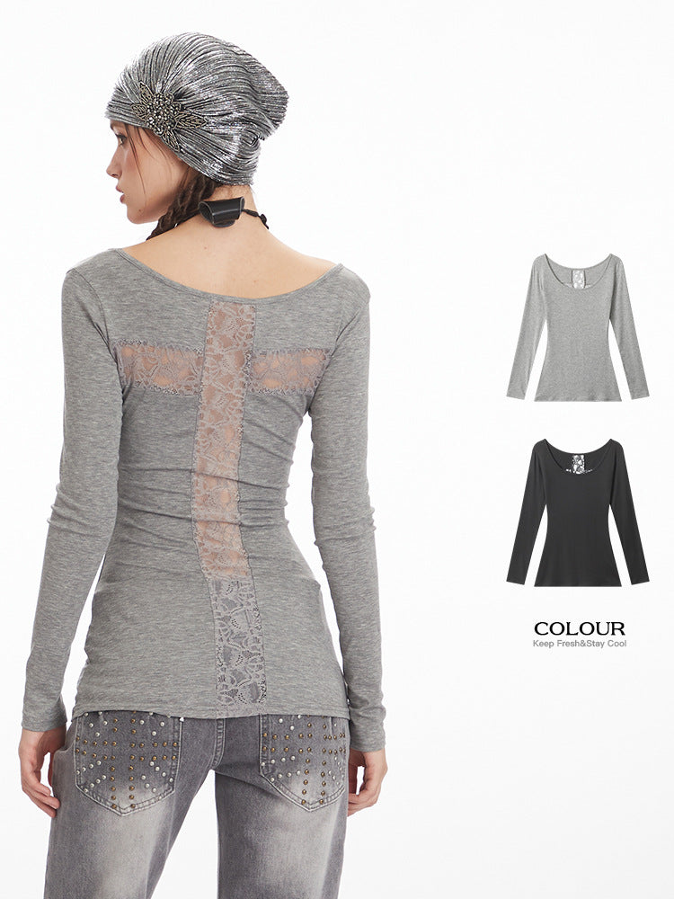 Miroden Top Back Cut-Out Lace Slim Long-Sleeve Feminine Bottoming Shirt