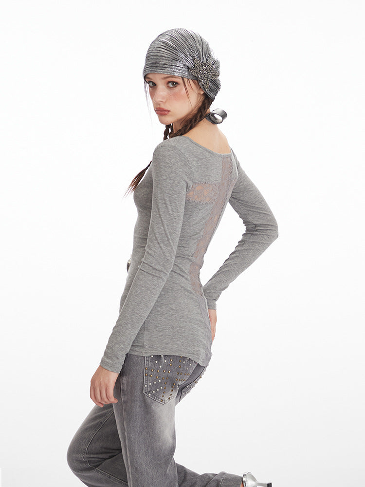 Miroden Top Back Cut-Out Lace Slim Long-Sleeve Feminine Bottoming Shirt