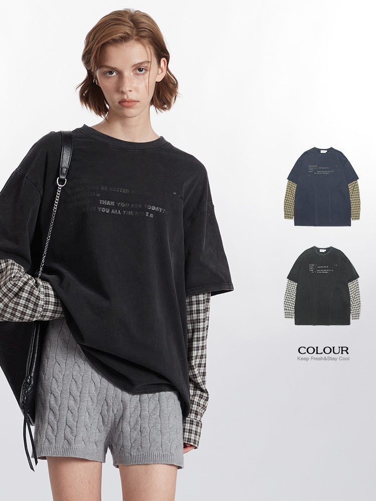 Miroden T-Shirt Fake Two-Piece Letter Print Long-Sleeve Contrast Color Top