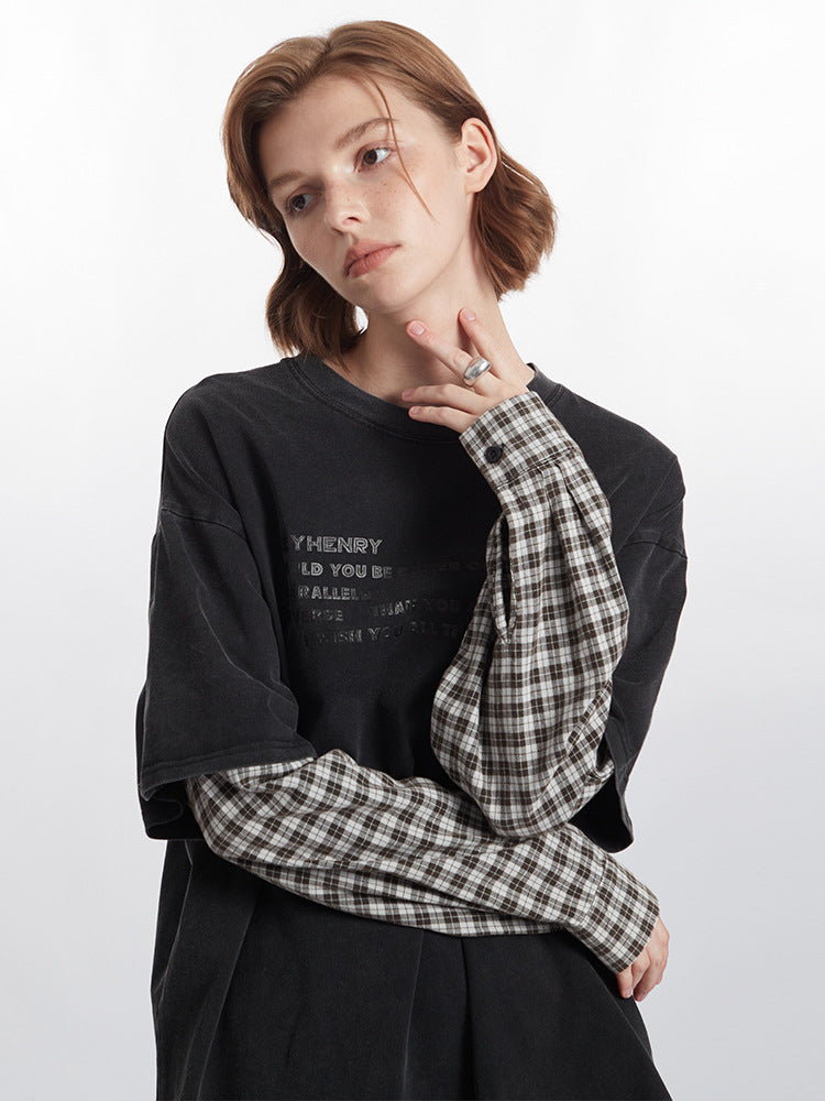 Miroden T-Shirt Fake Two-Piece Letter Print Long-Sleeve Contrast Color Top