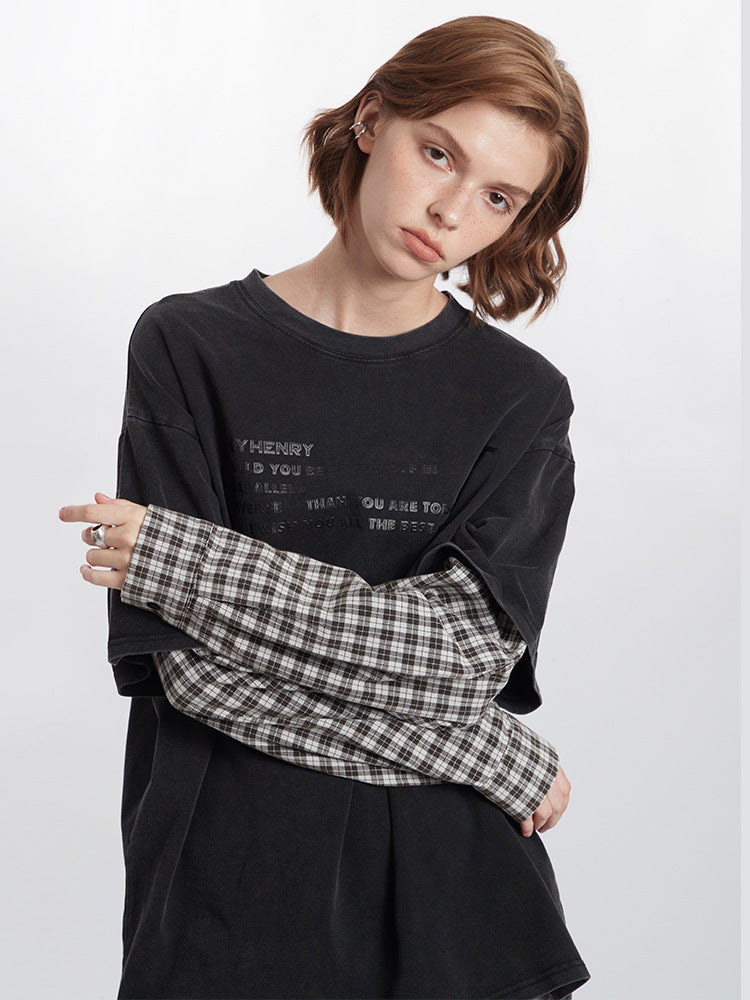 Miroden T-Shirt Fake Two-Piece Letter Print Long-Sleeve Contrast Color Top