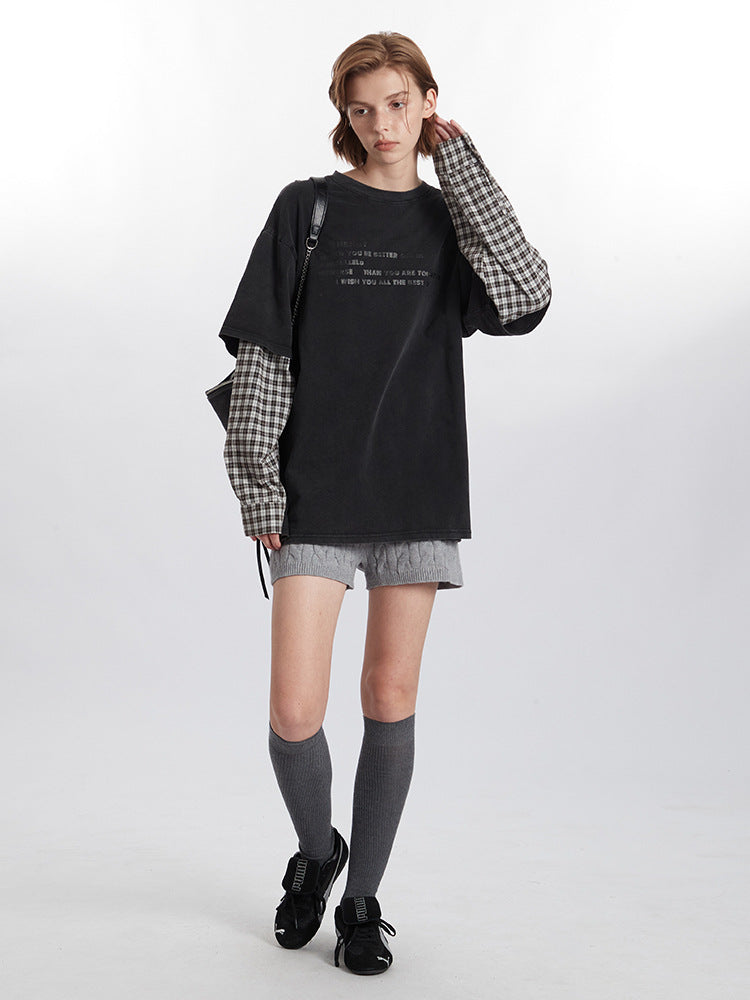 Miroden T-Shirt Fake Two-Piece Letter Print Long-Sleeve Contrast Color Top