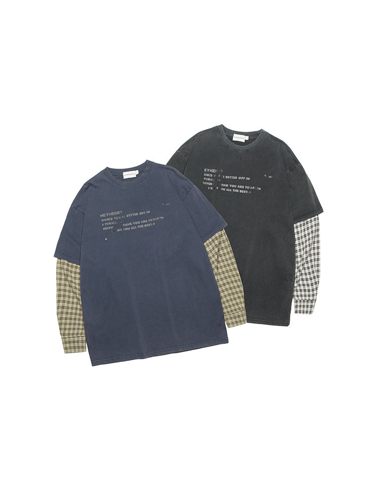 Miroden T-Shirt Fake Two-Piece Letter Print Long-Sleeve Contrast Color Top
