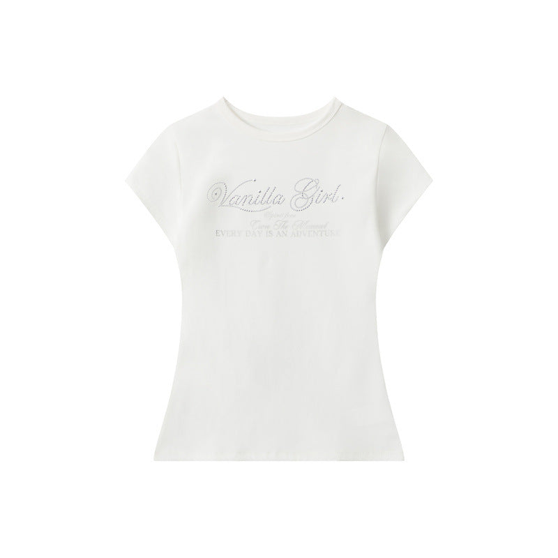 Miroden T-Shirt Letter Silver Print Slim-Fit Short-Sleeve All-Match Top