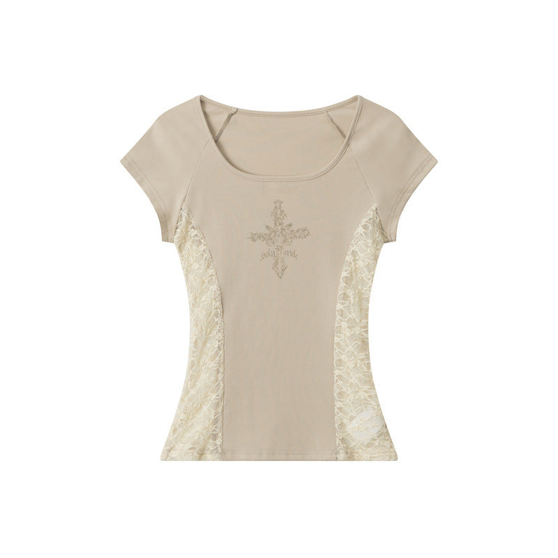 Miroden T-Shirt Lace Splicing Printed Slim Short-Sleeve Sexy Top