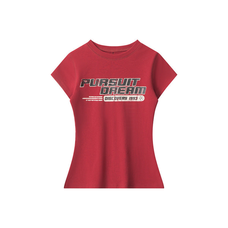 Miroden T-Shirt Letter Print Round Neck Slim-Fit Short-Sleeve Casual Top