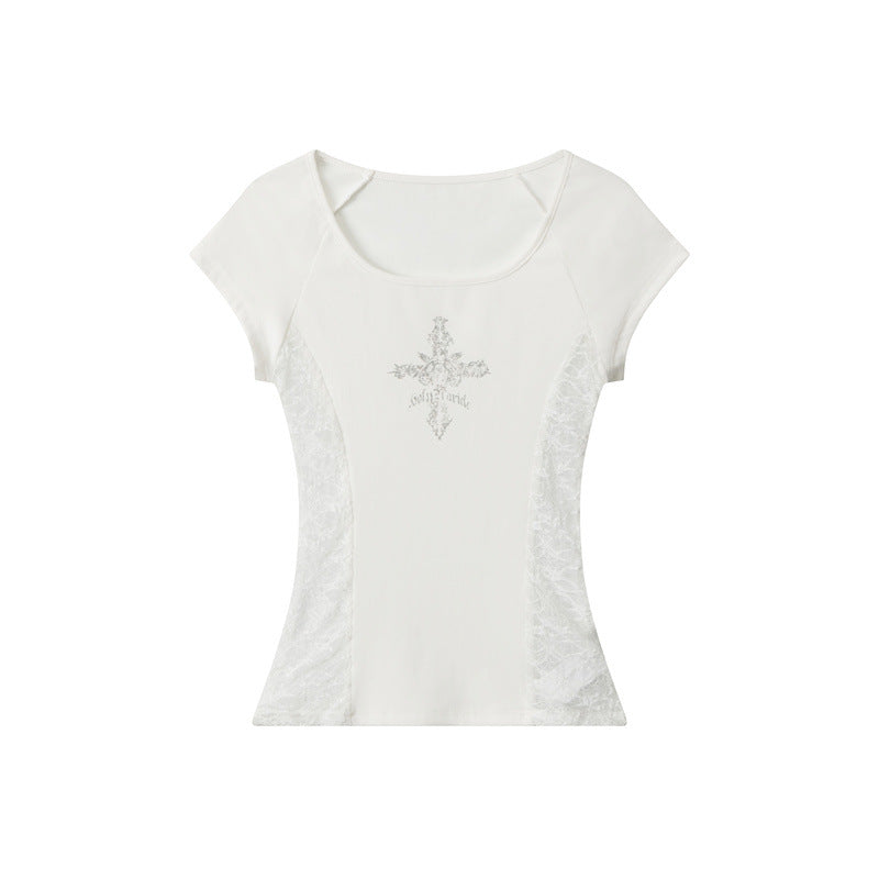 Miroden T-Shirt Lace Splicing Printed Slim Short-Sleeve Sexy Top