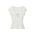 Miroden T-Shirt Lace Splicing Printed Slim Short-Sleeve Sexy Top