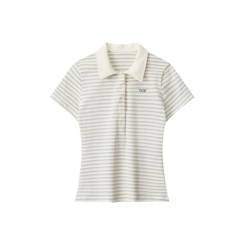 Miroden T-Shirt Polo Collar Striped Contrast Color Short-Sleeve Casual Top
