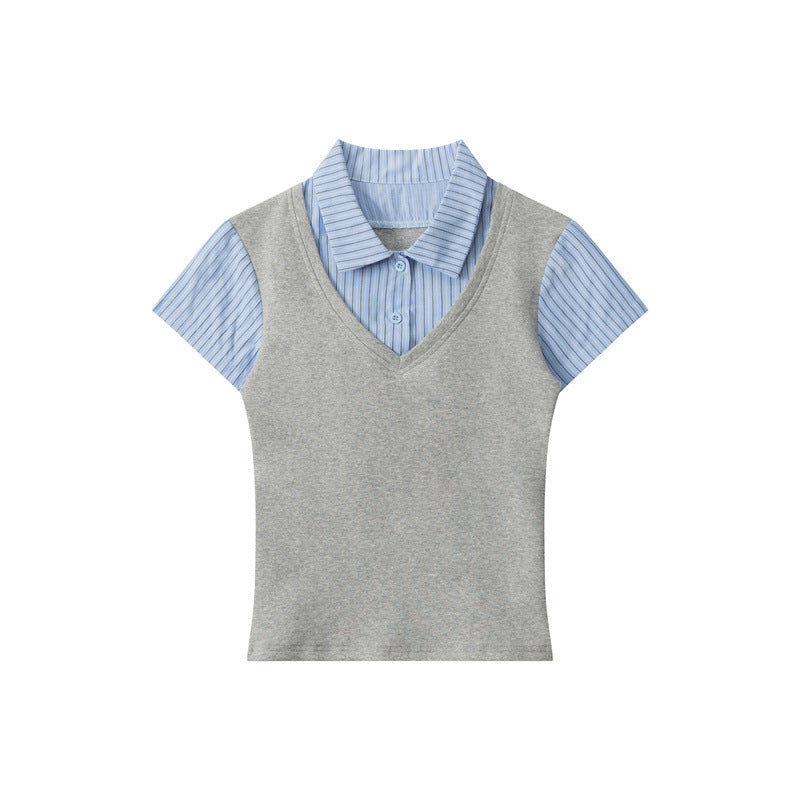 Miroden Top Vertical Stripe Stitching Fake Two-Piece Short-Sleeve Academy Style
